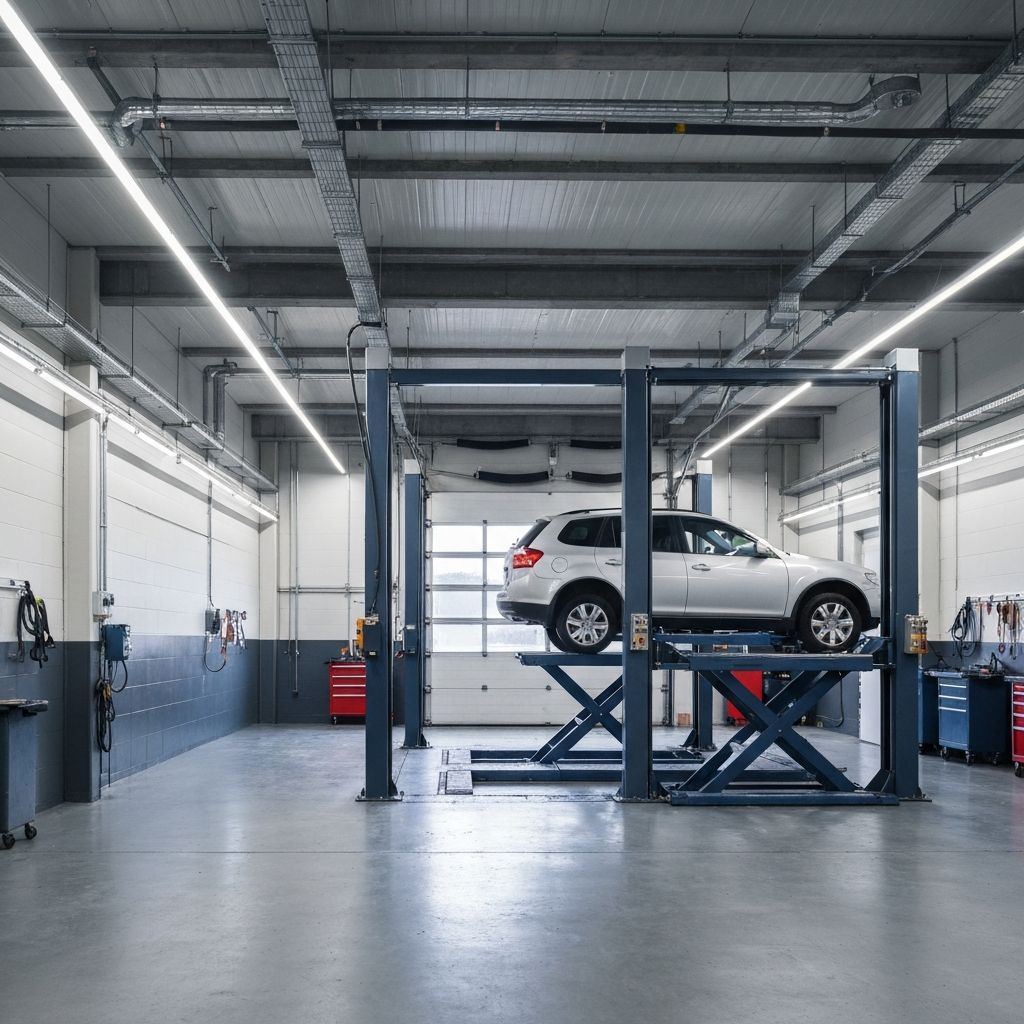 Auto repair shop service bay with bright LED lighting and vehicle lifts
