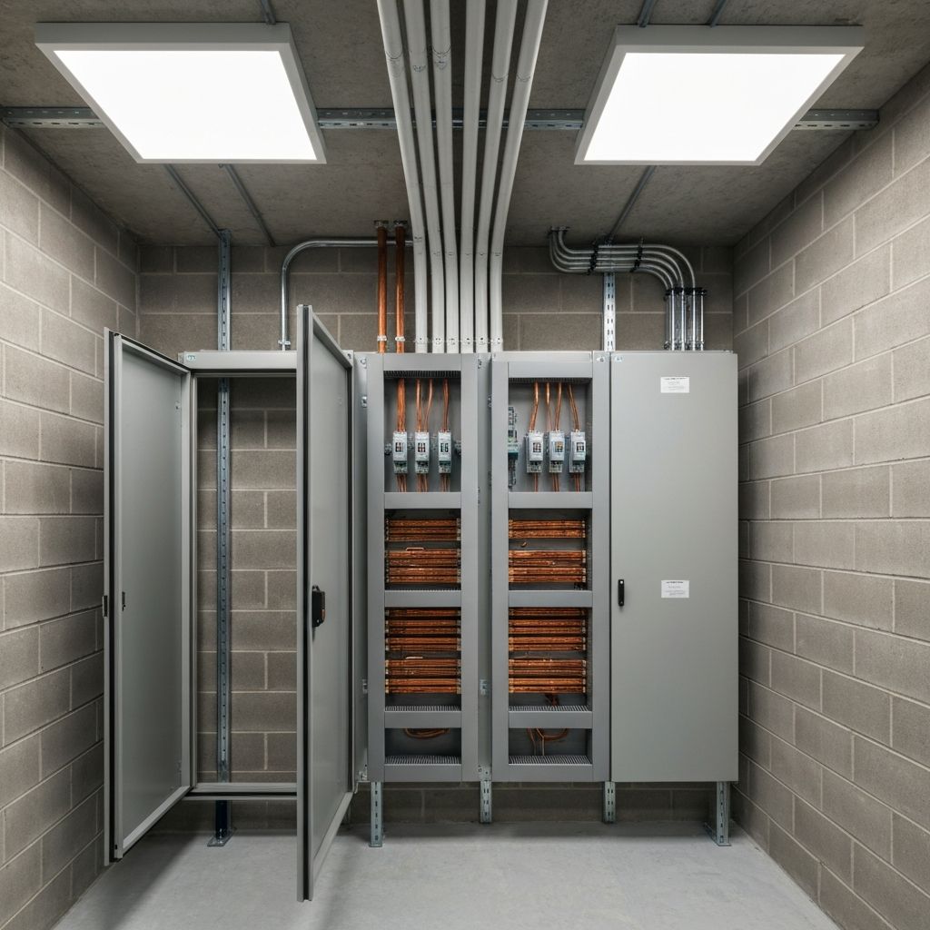 Newly installed commercial electrical switchgear room with main distribution panel and rigid conduit