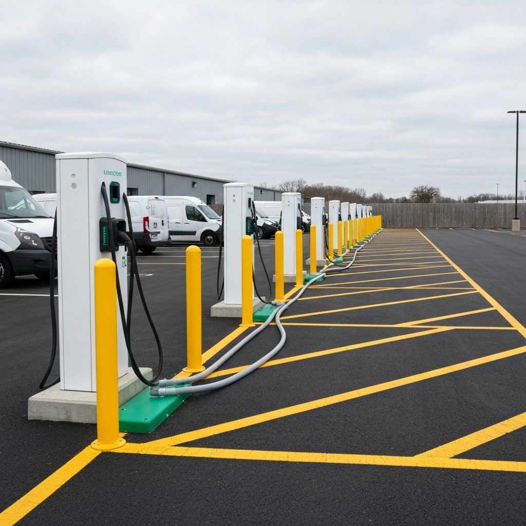 Fleet depot with commercial EV chargers, bollards, conduit, and transformer infrastructure