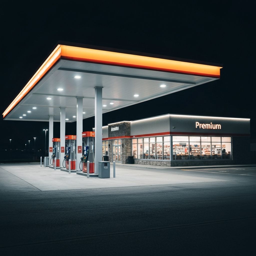 Professional gas station canopy with bright LED lighting and modern electrical infrastructure