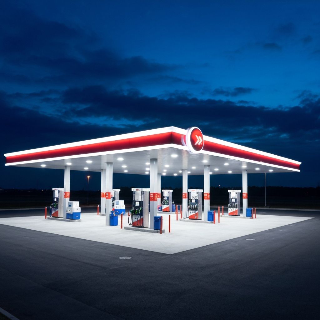 Bright modern gas station with premium LED canopy lighting and illuminated signage