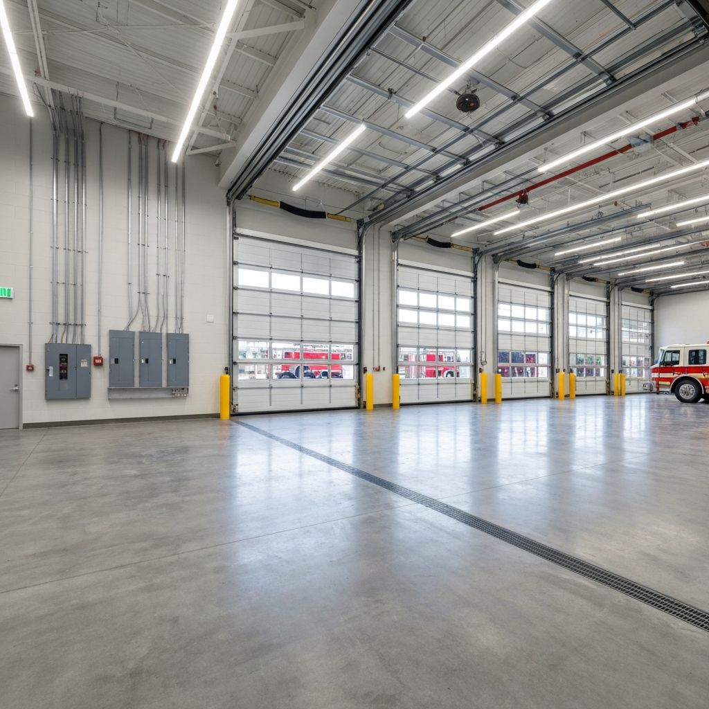 Fire station apparatus bay with bright LED high-bay lighting and modern electrical infrastructure