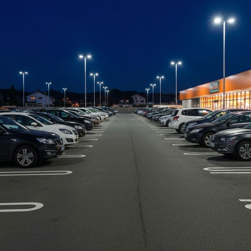 Supermarket parking lot at night with bright LED pole lighting and storefront glow