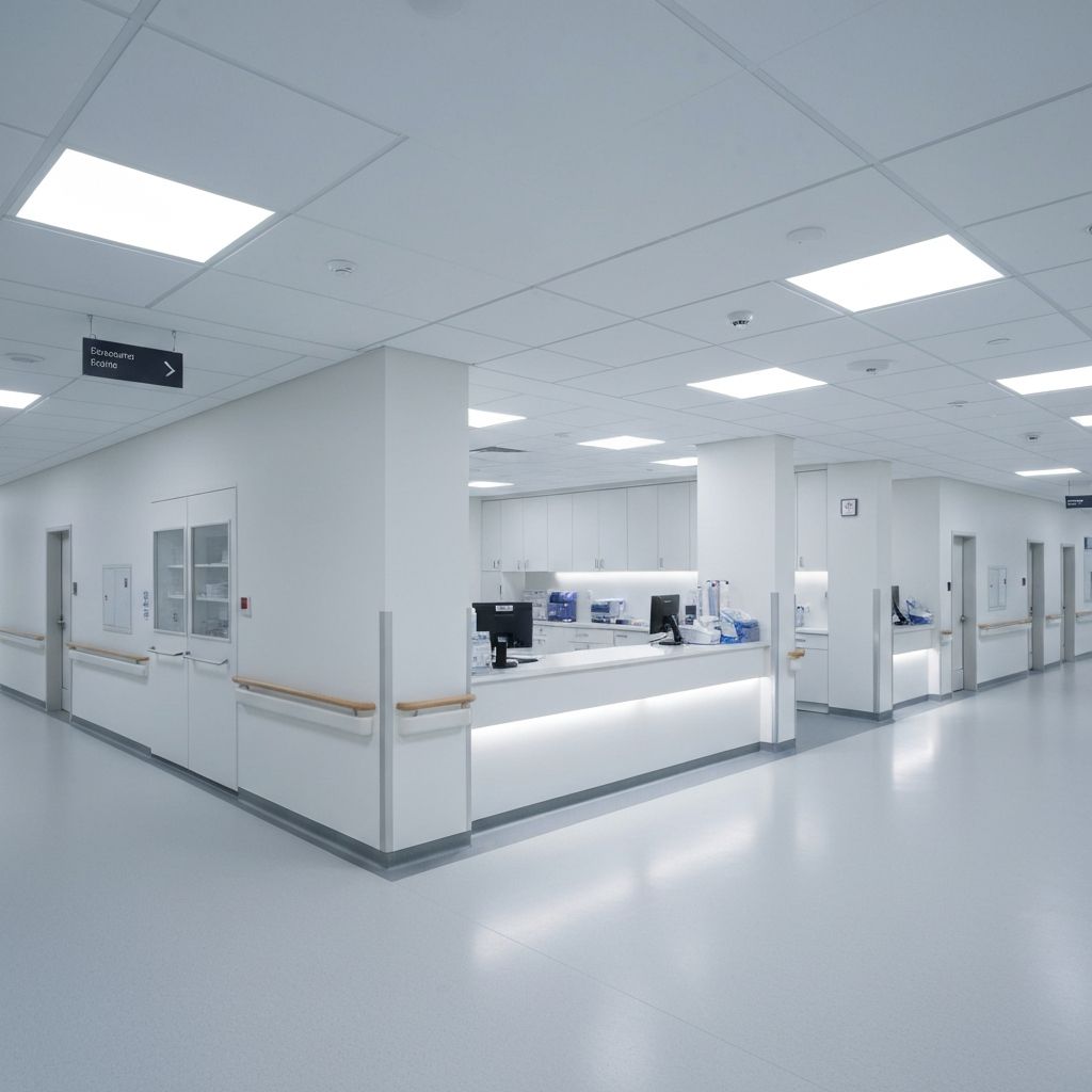 Modern healthcare facility corridor with professional LED lighting and clean electrical infrastructure