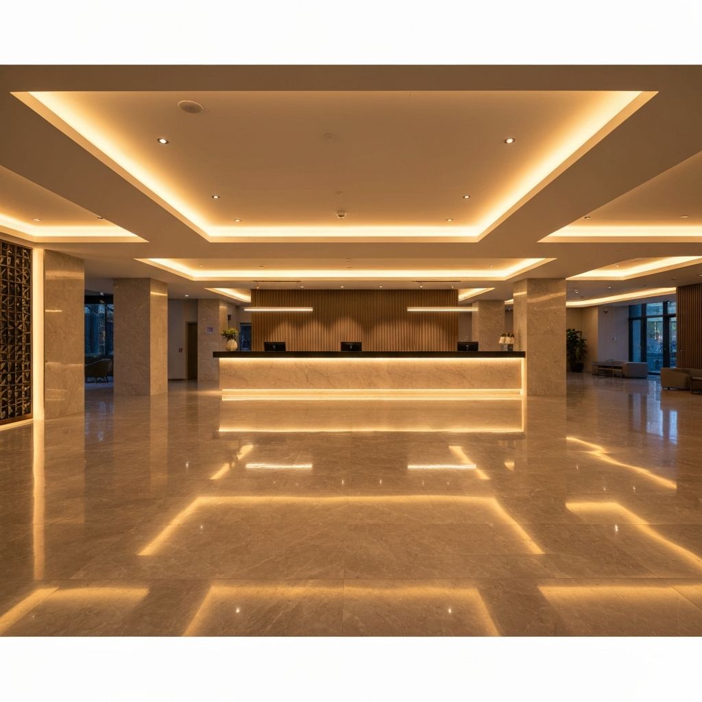 Modern hotel lobby with warm LED recessed and cove lighting creating an inviting guest experience