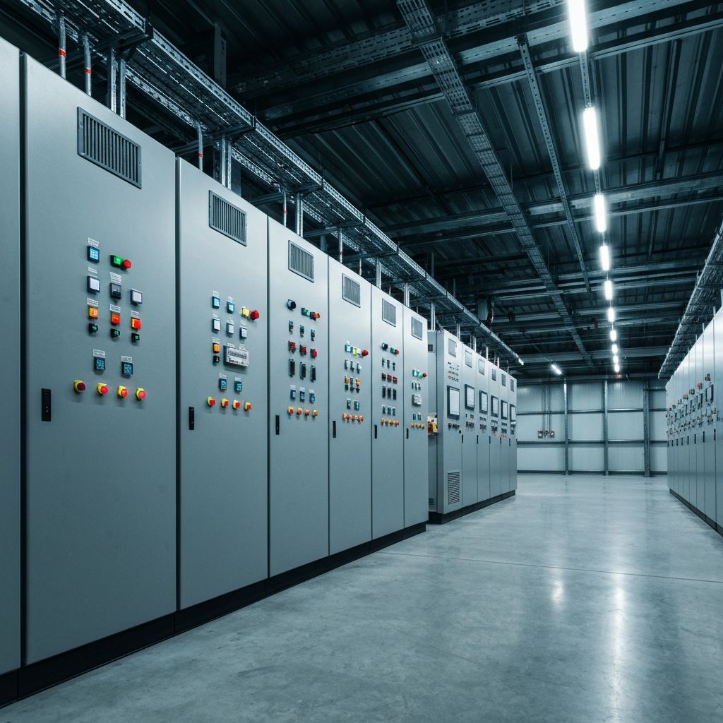 Industrial electrical switchgear room with organized conduit runs and LED panel lighting