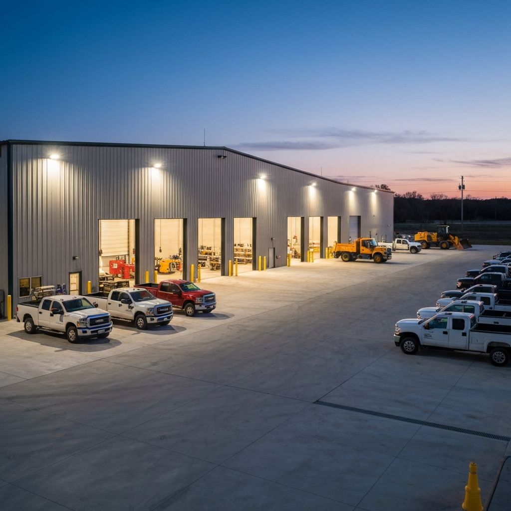 Municipal public works operations yard at dusk with LED area lighting, fleet bays, and fueling station