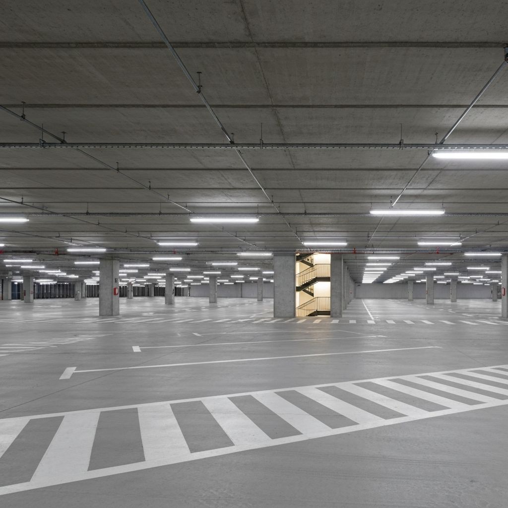 Multi-level parking garage interior with modern LED linear strip lighting on concrete ceiling