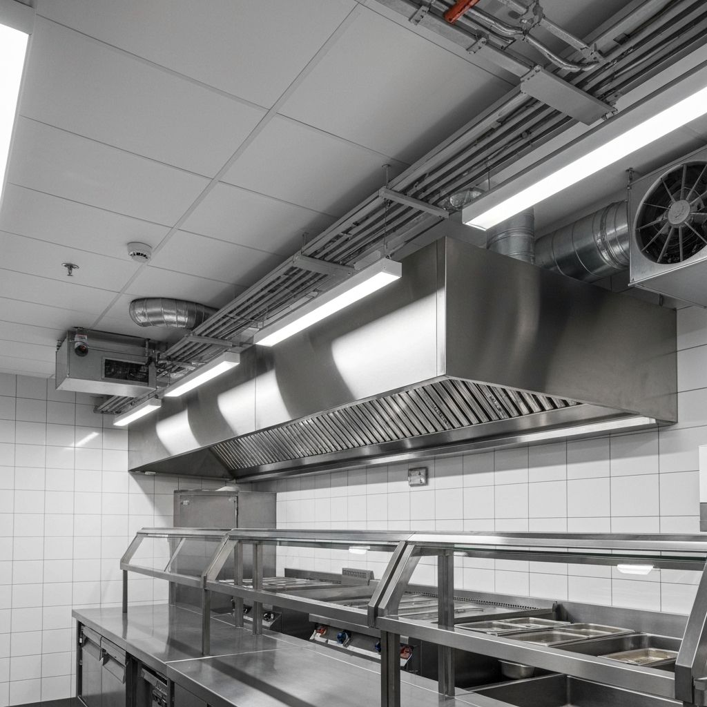 Professional restaurant kitchen with commercial-grade LED task lighting and electrical infrastructure