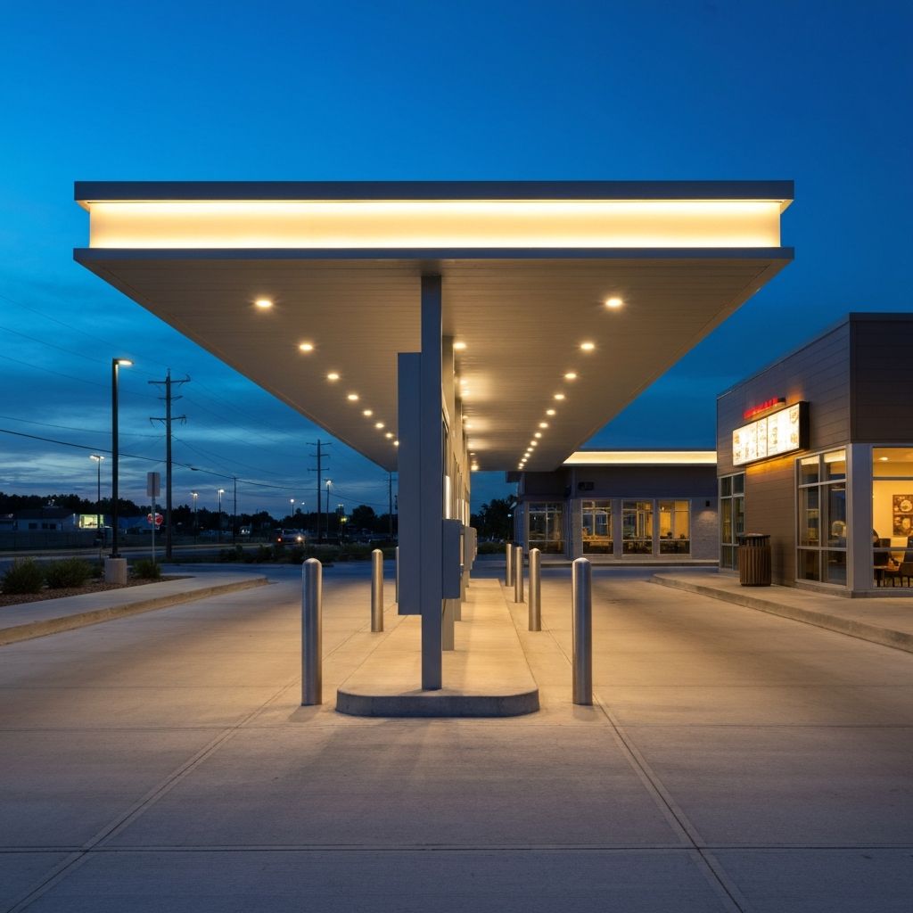 Modern drive-through with professional LED canopy lighting and illuminated ordering area