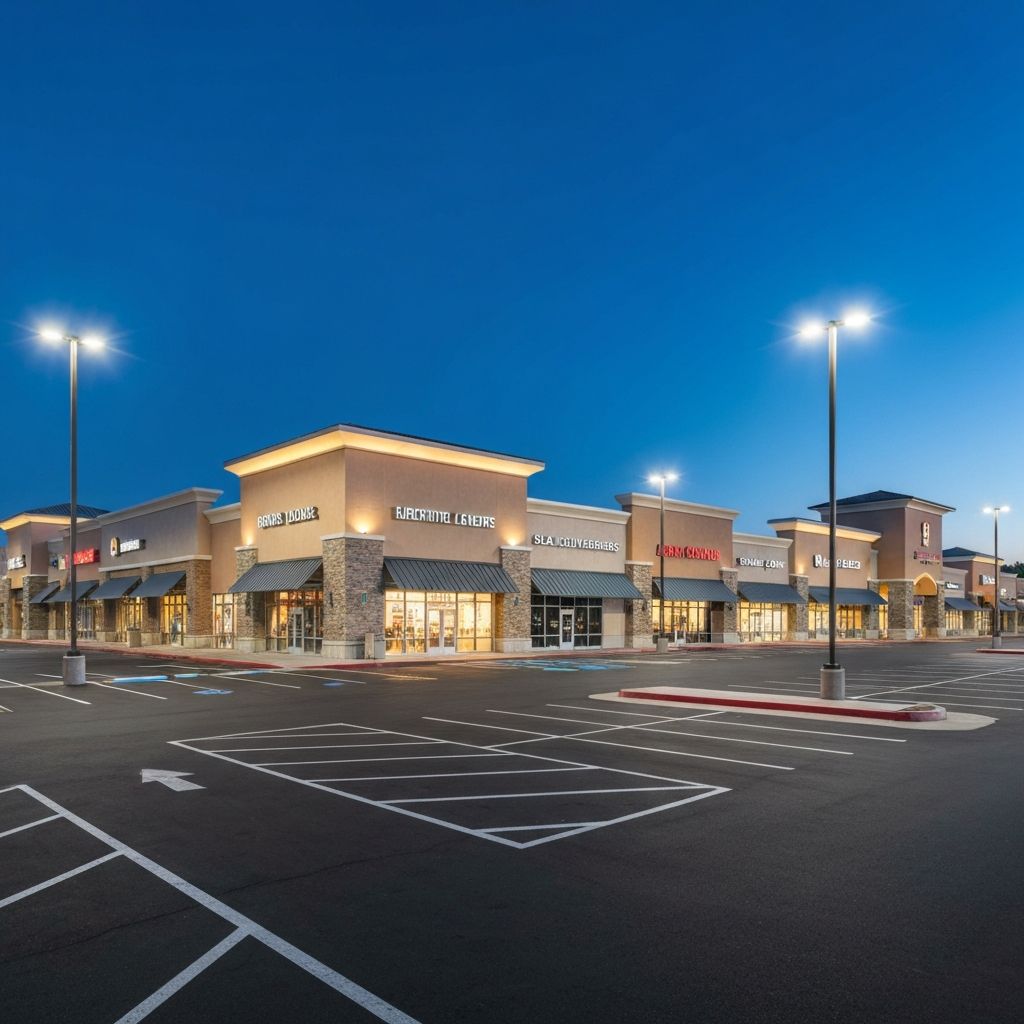 Retail shopping plaza with professional LED parking lot lighting