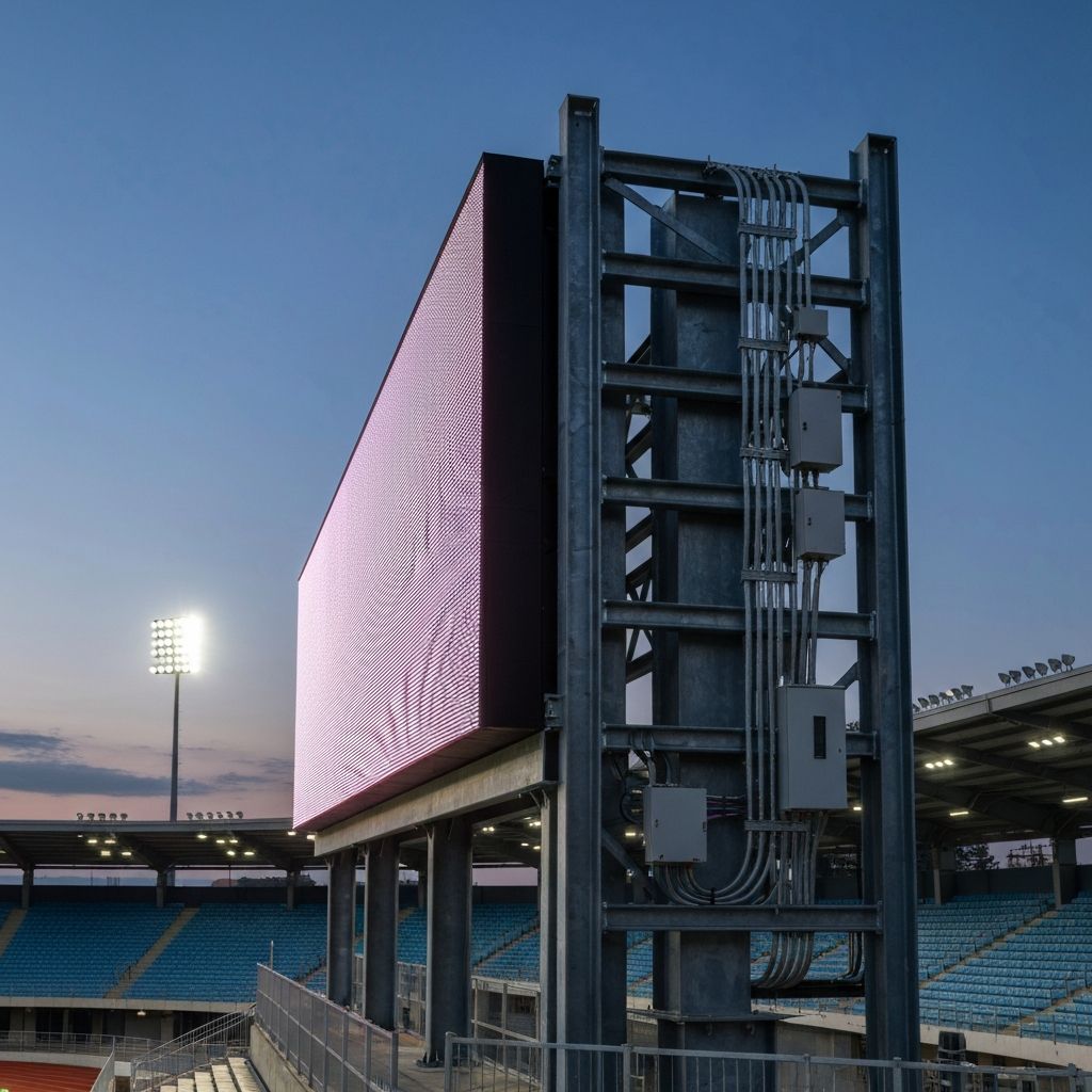LED video scoreboard installed at a sports stadium with field lighting in the background