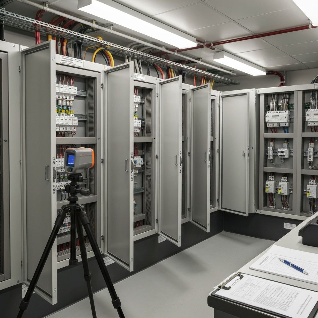 Commercial electrical maintenance on a modern facility electrical room and distribution equipment