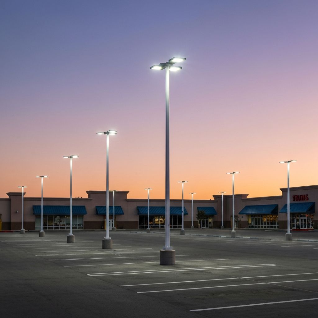 Commercial parking lot LED pole lighting at night