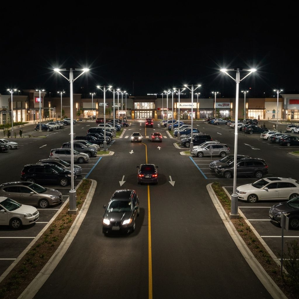 LED parking lot lighting at retail plaza