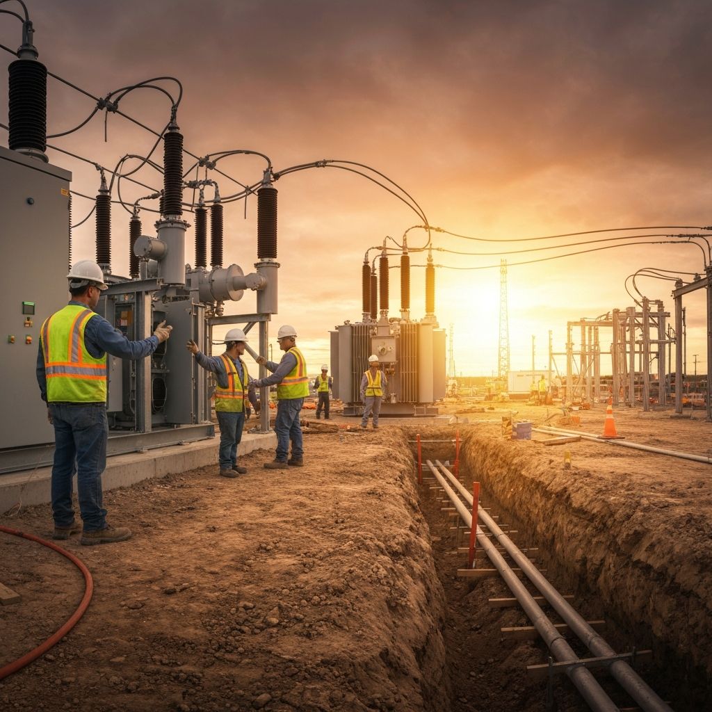 Commercial electrical utility construction site with crews coordinating transformer installation and underground conduit work